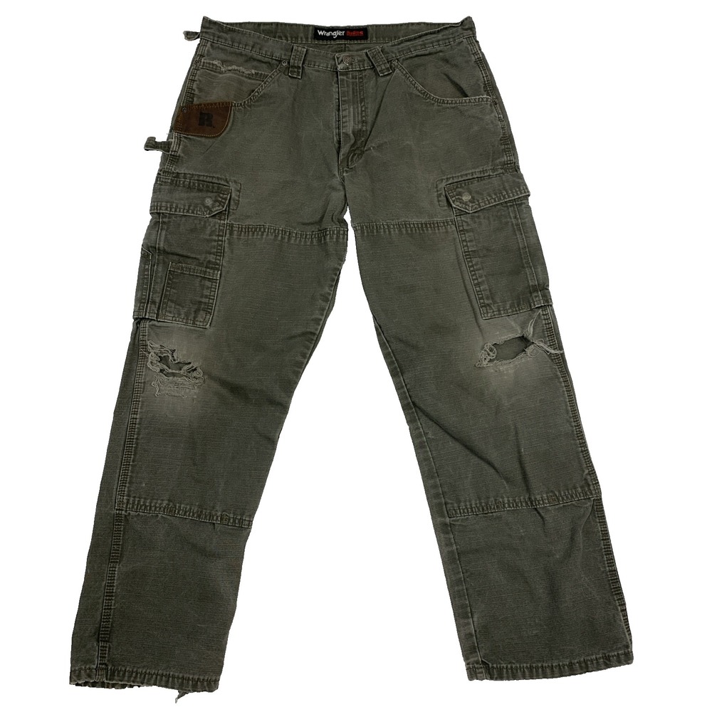 Wrangler Riggs Workwear Men's Cargo Pants 34x27 Olive Green Distressed Work